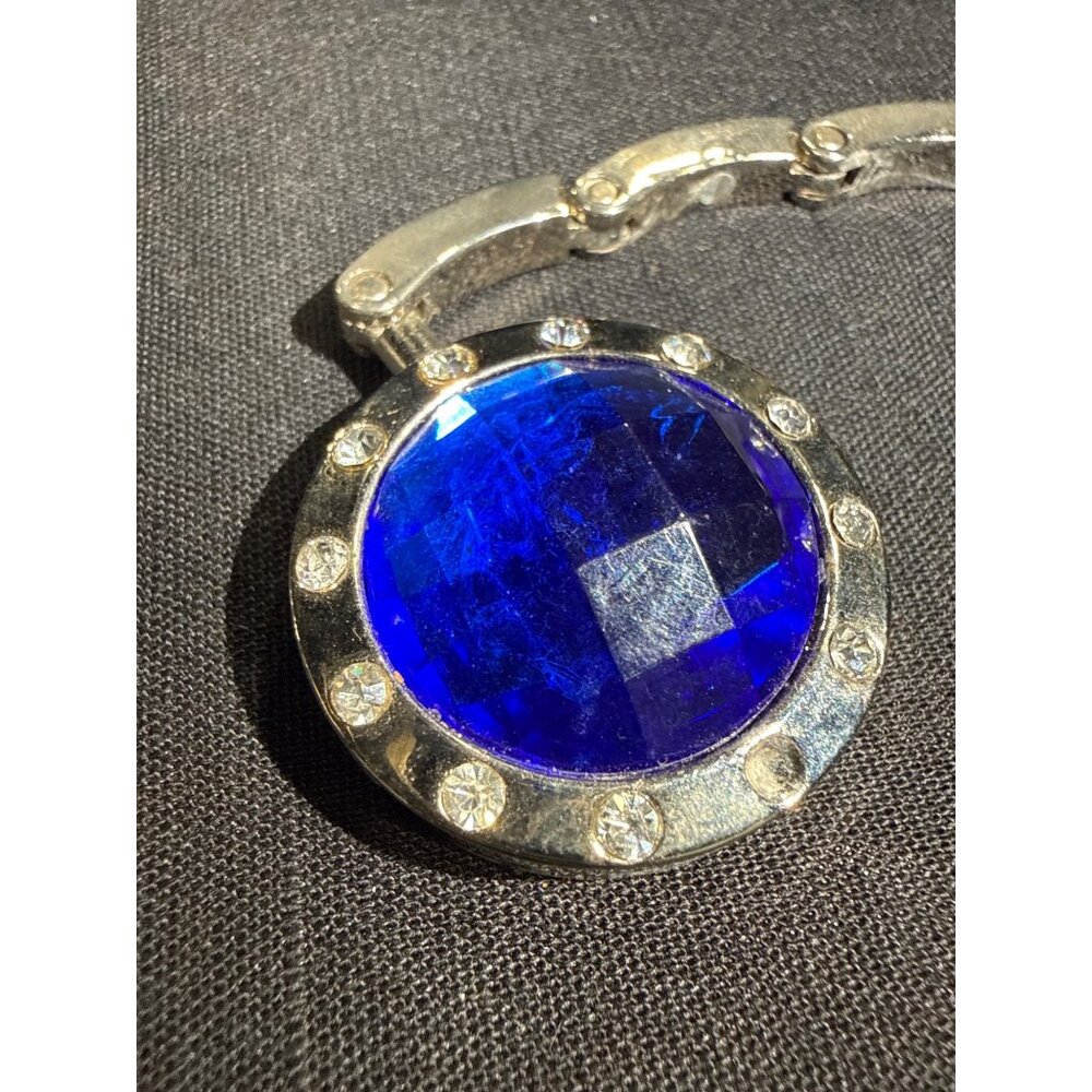 Silver Foldable Purse Hook With Blue Gem & Rhinestones - Picture 6 of 10